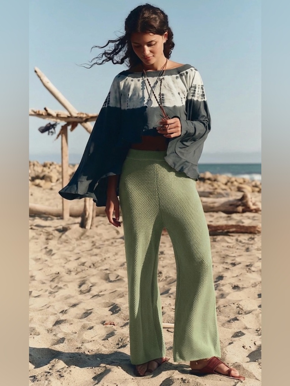 Free People Beach Hailee Wide Leg Waffle Knit Pants | Sage Green